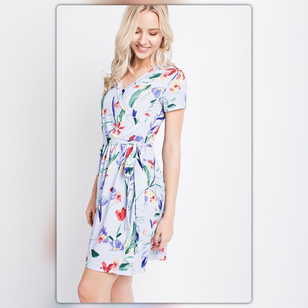 Baby Blue Floral Wrap Dress - Picture 3 of 3